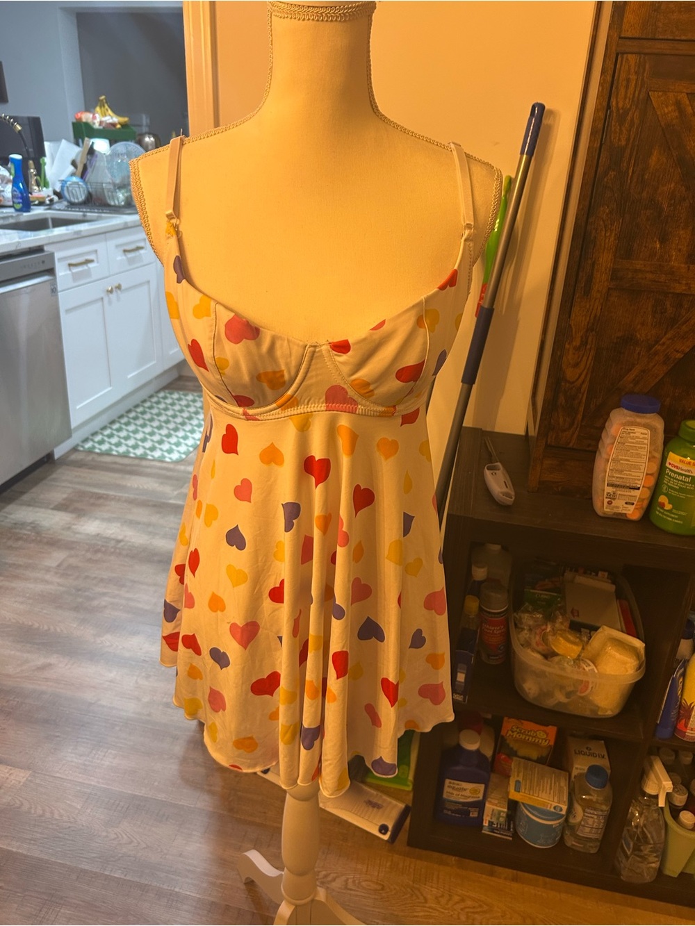 Women’s Cream Heart-Print Babydoll Slip Dress